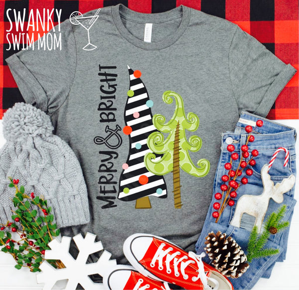 Merry & Bright black and white funky trees - custom shirt - Christmas T-shirt - Christmas trees