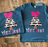 Merry and Bright stripe tree with bow - custom shirt - Christmas T-shirt - Christmas trees